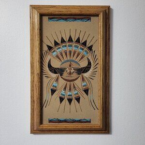 Signed Navajo Native American Sun Sand Art Wall Decor Wooden Frame 15.5" X 10"
